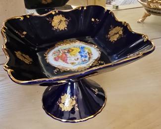 Thun 1794 Cobalt Blue and Gold Pedestal Compote with Courting Couple Medallion
