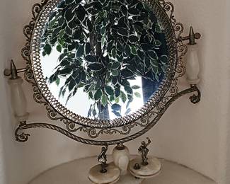 Vintage Brass and Alabaster Vanity Mirror with Figurines