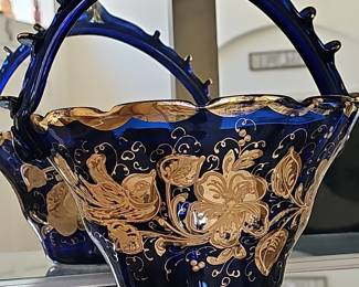 Large Cobalt Blue Glass Basket with Gold Enamel Floral Decoration