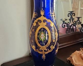 Large Cobalt Blue Gilt Enamel Vase with Hand-Painted Floral Cartouche