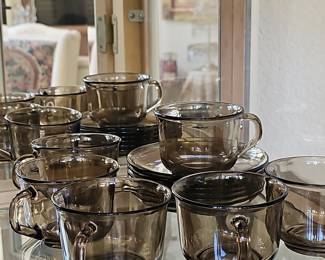 Arcoroc France Set of 6 Smoky Glass Coffee Cups and Saucers