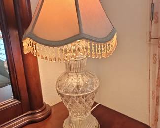 Vintage Cut Crystal Table Lamp with Beaded Shade and Oxidized Brass Base