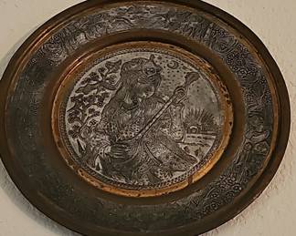 Antique Persian Hand-Etched Copper and Silver-Inlaid Decorative Plate