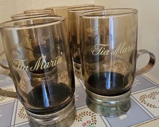 Vintage Tia Maria Smoked Glass Coffee Mugs with Copper Handles and Bases