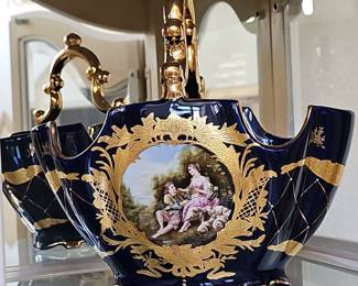 French Limoges Style Cobalt Porcelain Jardiniere with Courting Couple Scene