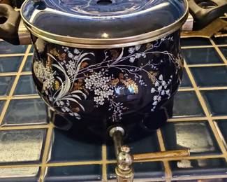 Vintage Elite Cobalt Blue Enamelware Beverage Dispenser with Floral and Gilt Accents