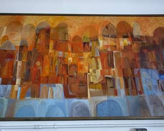 Mid-Century Modern Abstract Cityscape Painting 8'x4'3"