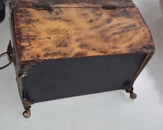 Antique Burl Wood Veneer Tea Caddy with Brass Mounts and Feet