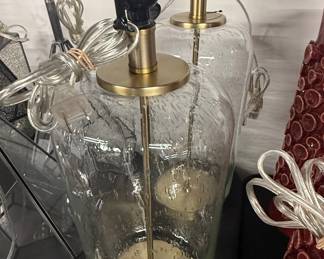 Pair of Clear Seeded Glass Table Lamps with Brass Hardware