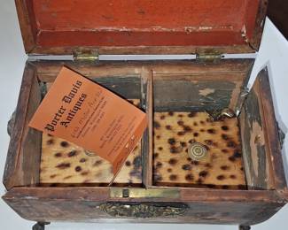 Antique Burl Wood Veneer Tea Caddy with Brass Mounts and Feet