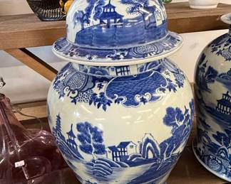 Large Blue and White Chinoiserie Porcelain Temple Jar with Pagoda Scene
