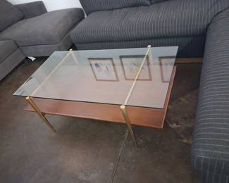 Mid-Century Modern Glass and Walnut Wood Coffee Table with Gold Legs 3'10"x2'