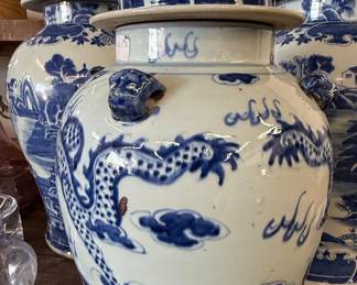 Chinese Blue and White Porcelain Temple Jar with Dragon Motif and Foo Dog Finial