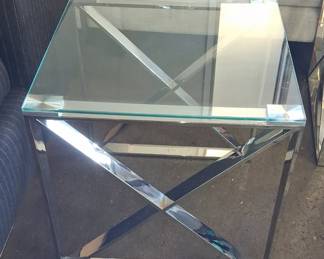 Contemporary Mirrored Glass and Chrome X-Base Side Table