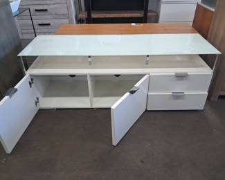 Modern White Media Console with Glass Top and Drawers