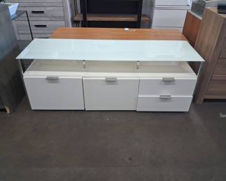 Modern White Media Console with Glass Top and Drawers