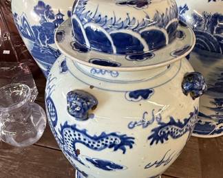 Chinese Blue and White Porcelain Temple Jar with Dragon Motif and Foo Dog Finial