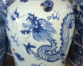 Chinoiserie Blue and White Dragon Temple Jar with Foo Dog Lid
