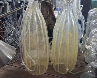 Pair of Mid-Century Modern Murano Style Ribbed Glass Table Lamps with Gold Inclusions