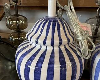 Blue and White Striped Ginger Jar Ceramic Table Lamp