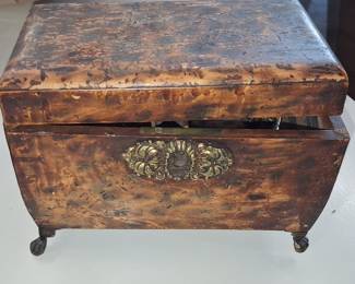 Antique Burl Wood Veneer Tea Caddy with Brass Mounts and Feet