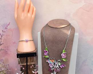 41 Purple Enamel Calla Lily Butterfly Statement Necklace With Bracelet Earrings