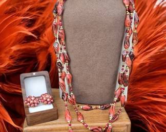 33 Vintage Long MultiStrand Orange Marbled Beaded Necklace Hong Kong ClipOn Earrings