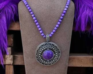 31 Bohemian Purple Medallion On A Beaded Polish Necklace