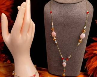 43 Art Glass Beaded Y Necklace Matching Bracelet