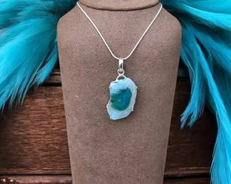 58 Blue Botswana Druzy Slice Pendant Necklace
