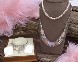 99 Pink Crystal Statement Necklace Mother Of Pearl Earrings Charm Bracelet