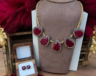 32 Red Ruby Bib Statement Necklace Earrings