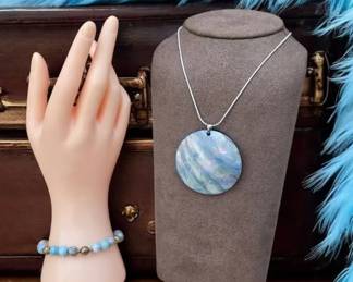 107 Blue Mother of Pearl Pendant Necklace Blue Stone Larimar Beaded Bracelet