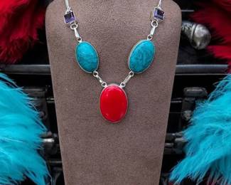 70 Red Coral And Mosaic Jasper Geometric Necklace