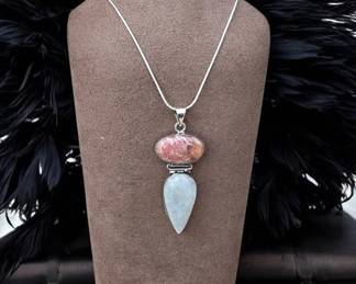 64 Pyrite In Rhodochrosite Rainbow Moonstone Pendant Necklace