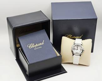 Chopard happy sport white diamond dual strap watch complete with box booklet and extra strap