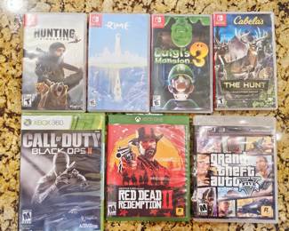Xbox 360 Call of Duty Black Ops 2 unopened sealed in package, Red Dead Redemption 2 Xbox One sealed in package, PS3 Grand Theft Auto v, Rime, Luigi's Mansion 3 hunting simulator Cabela's the hunt Nintendo FS