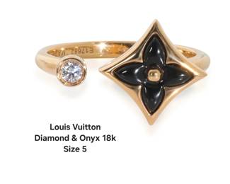 Authentic Louis Vuitton Color Blossom Mini Star Ring SIZE 5- 18-karat yellow gold. It features a hand-polished black onyx carved in the iconic Monogram Flower star motif and is accented by a brilliant-cut round diamond. Original box not available Discount will be offered if purchased with matching bracelet.