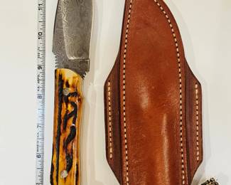 Damascus fixed blade Custom Knife with leather sheath