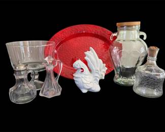 Vtg Ceramic Rooster, Red Tray Glass Kitchen Items