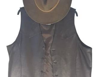 Vintage Cripple Creek Genuine Leather Vest Wool Crusher Hat