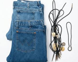 Vintage Western Wear 2 Pairs of Wrangler Jeans 40x34 Bolo Tie Collection