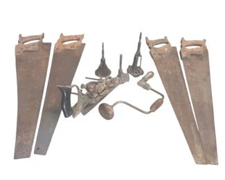 Vintage Woodworking Tool Lot Antique Saws, Plow Plane, Brace Drill