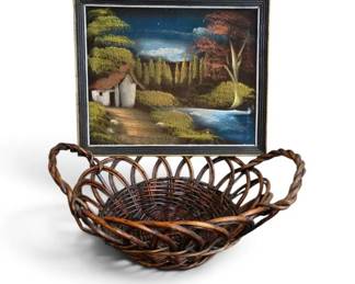 Rustic Painting On Black Velvet, Vintage Open Weave Basket