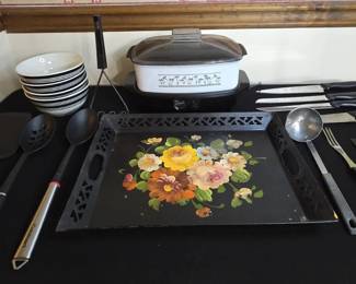 West Bend Slow Cooker, Hand Painted Metal Tray, Bowls And Serving Utensils