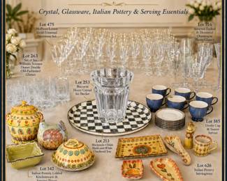 Baccarat crystal, Waterford glassware, Lenox stemware, Mackenzie-Childs, Nambe servingware, Denby dinnerware, Mikasa glassware, Dansk cookware, Williams Sonoma, All-Clad cookware, Griswold cast iron, Calphalon, Pyrex bakeware, KitchenAid appliances, Italian pottery, serving platters, etched champagne flutes, crystal ice bucket, gold-trimmed stemware, barware, entertaining essentials, fine glassware, dining accessories, serving pieces, cookware, bakeware, kitchen collectibles, tabletop décor, porcelain figures, Lladro figurine, Quimper porcelain, art glass, decorative ceramics, Italian servingware, coffee service, cup and saucer sets, cocktail glasses, highball glasses, holiday entertaining, executive entertaining