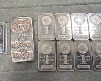 10oz silver bar and 9 1oz bars