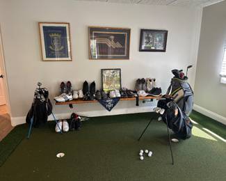 Many golf shoes ( size 12), golf clubs