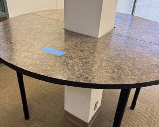 Bar height. Two tables that go around a column. Would be great for bottom deck!