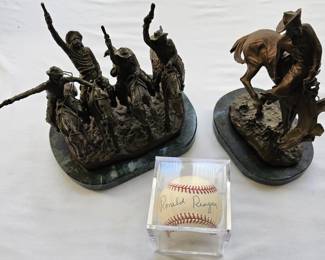 Bronze sculptures by Frederic Remington & James Earle Fraser & autographed Pres. Ronald Reagan baseball.